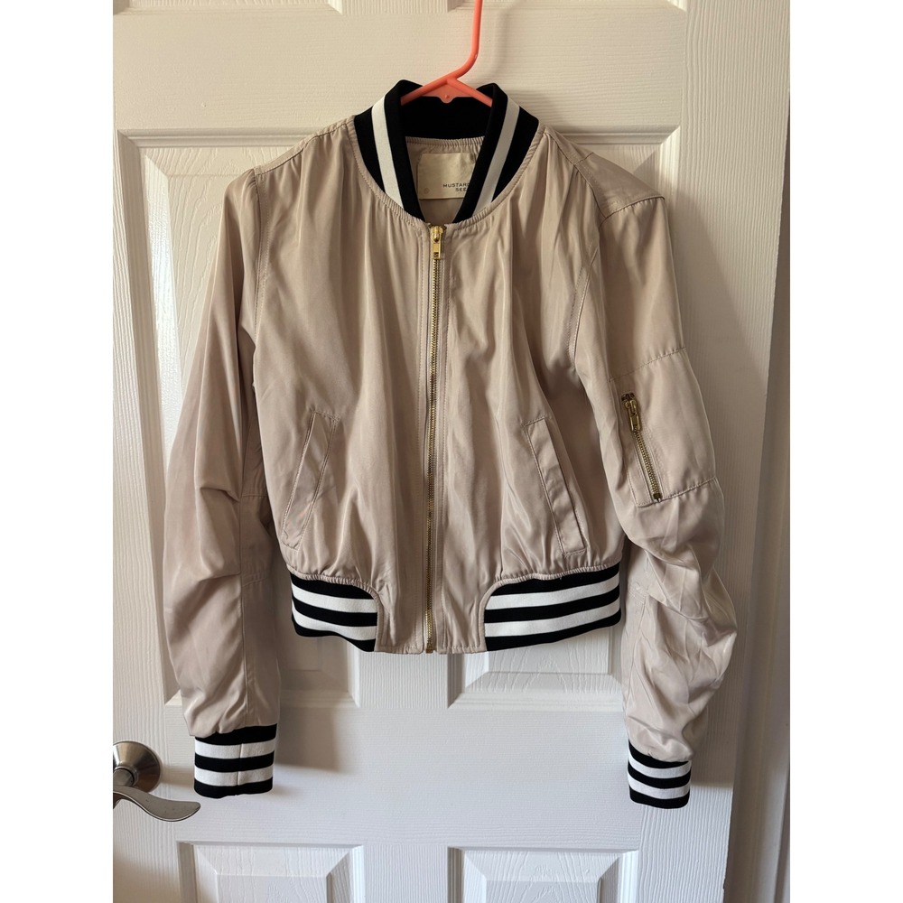 Mustard Seed Bomber Jacket Womens Small Tan Striped Trim Full Zip B9480